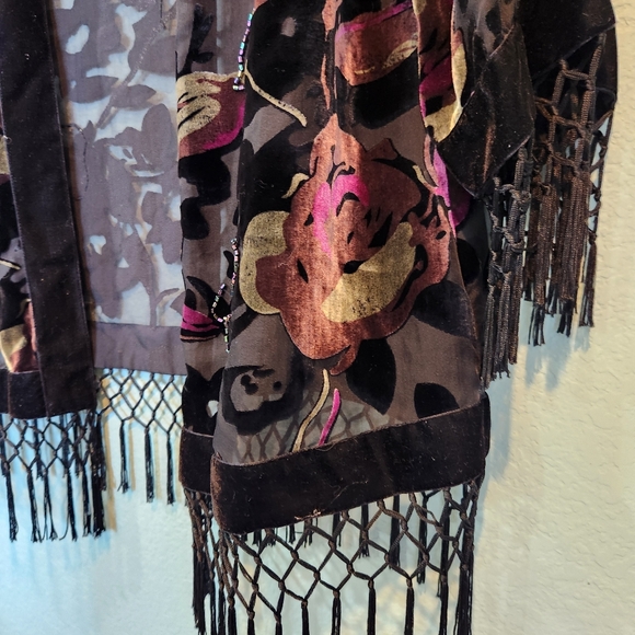 JR Nites Vtg Floral Shell Blouse Fringe Velvet Burnout Dark Fairy Whimsigoth L - Picture 5 of 13